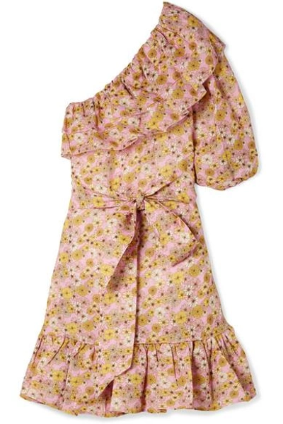 Shop Lisa Marie Fernandez Arden Ruffled One-shoulder Floral-print Linen Mini Dress In Pink