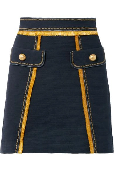Shop Peter Pilotto Fringed Cotton-blend Mini Skirt In Navy