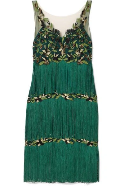 Shop Marchesa Notte Fringed Embroidered Tulle Dress In Emerald
