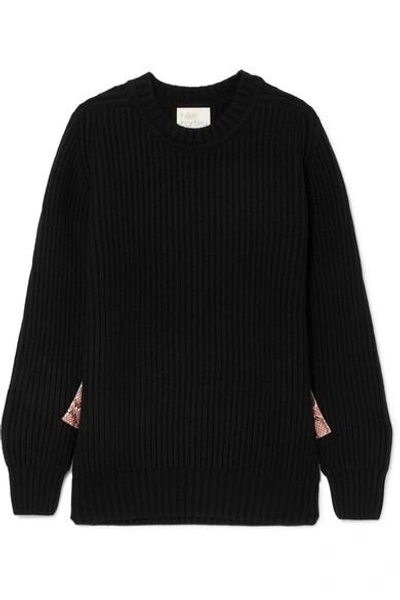 Shop Hillier Bartley Snake-effect Faux Leather-trimmed Ribbed Cashmere Sweater In Black