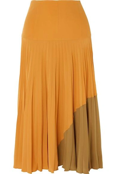Shop Fendi Plissé Silk Crepe De Chine Midi Skirt In Yellow
