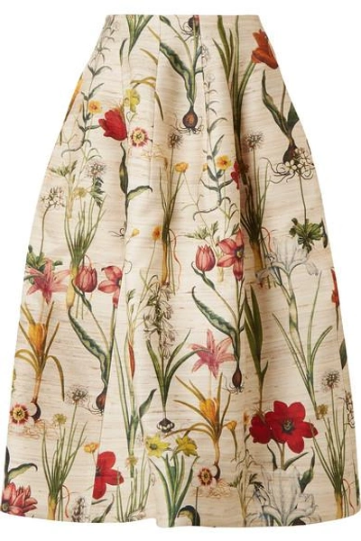 Shop Oscar De La Renta Floral-print Silk-blend Midi Skirt In Ecru