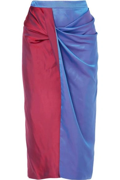 Shop Sies Marjan Libbie Draped Two-tone Iridescent Dégradé Satin-twill Midi Skirt In Blue