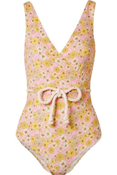 Shop Lisa Marie Fernandez Yasmin Belted Floral-print Stretch-crepe Swimsuit In Pink