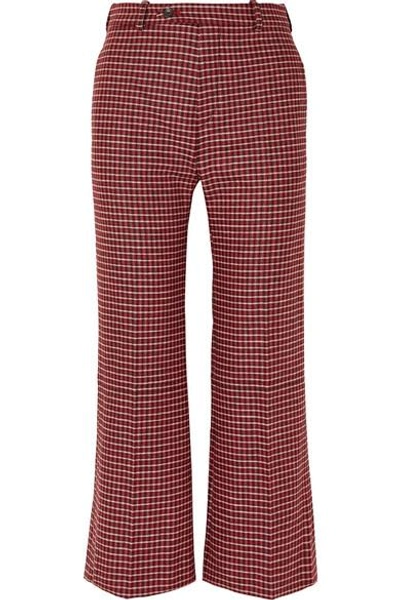Shop Chloé Cropped Checked Wool-blend Wide-leg Pants In Red