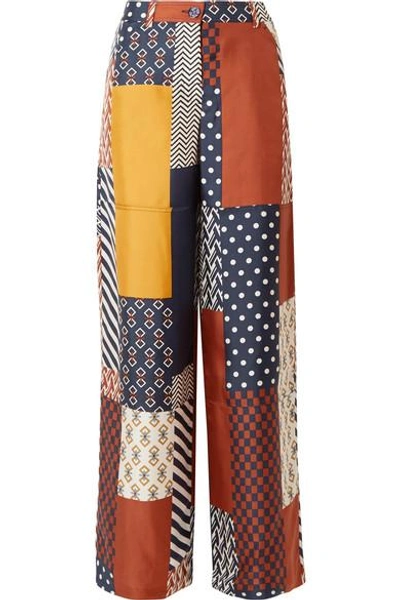 Shop Tory Burch Denise Patchwork Printed Silk-twill Wide-leg Pants In Navy