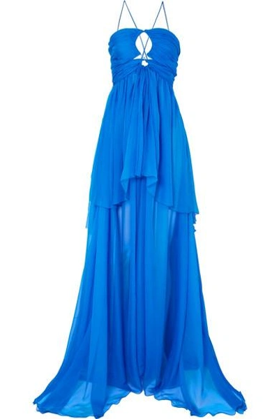 Shop Dundas Cutout Tiered Silk-chiffon Gown In Blue