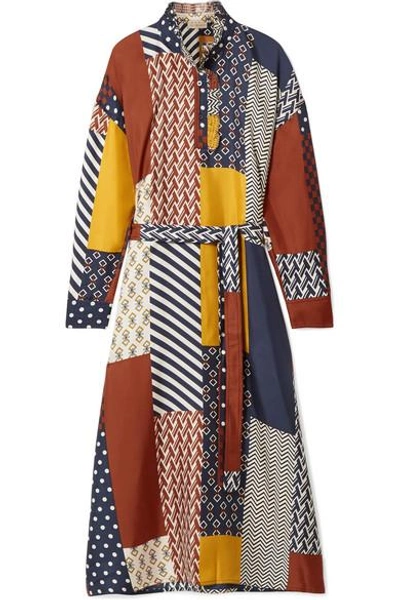 Shop Tory Burch Bianca Patchwork Printed Silk-twill Midi Dress In Navy