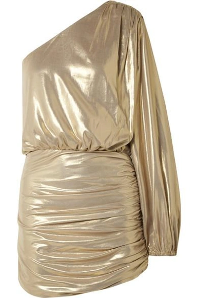 Shop Michelle Mason One-shoulder Draped Lamé Mini Dress In Gold