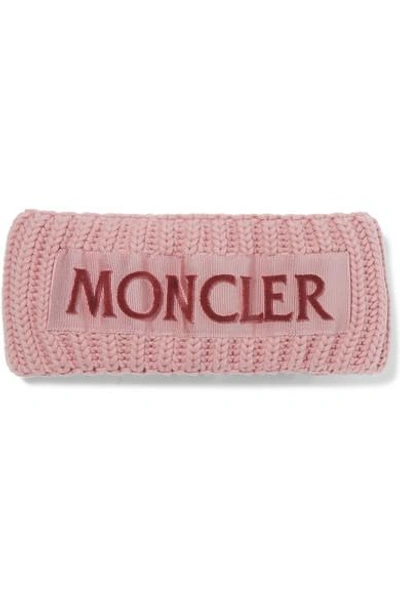 Shop Moncler Flocked Grosgrain-trimmed Ribbed Wool Headband In Pink