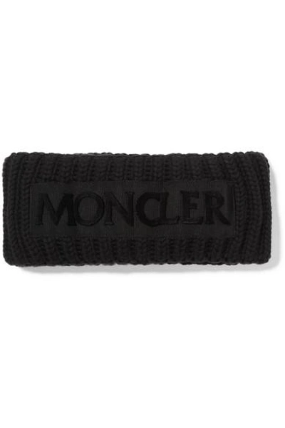 Shop Moncler Flocked Grosgrain-trimmed Ribbed Wool Headband In Black