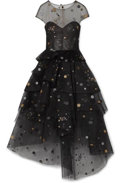 Shop Monique Lhuillier Asymmetric Tiered Glittered Tulle Midi Dress In Black