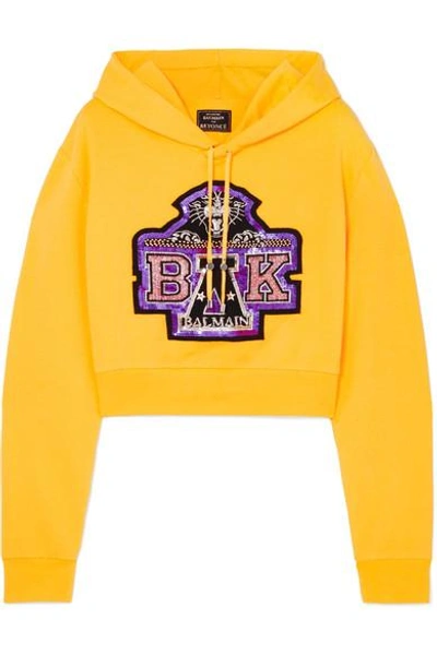 Shop Balmain Cropped Embellished Stretch-cotton Jersey Hoodie