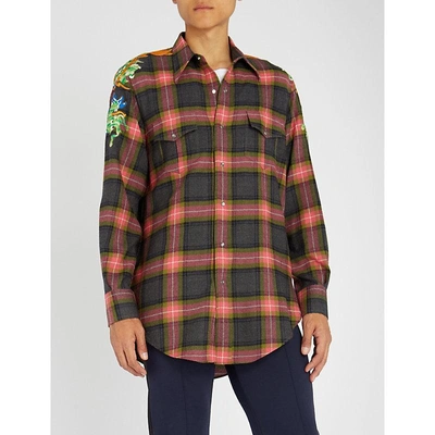 Shop Gucci Dragon-embroidered Checked Regular-fit Wool Shirt In Grey Pink