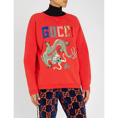 Shop Gucci Dragon And Logo-embroidered Cotton-jersey Sweatshirt In Red