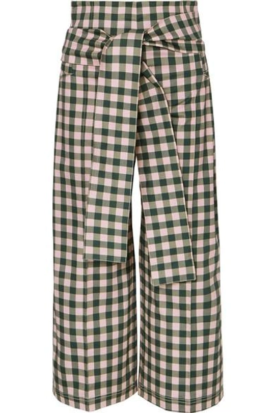 Shop Silvia Tcherassi Salve Cropped Gingham Cotton-blend Wide-leg Pants In Green