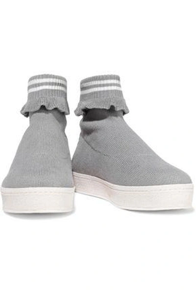 Shop Opening Ceremony Woman Ruffle-trimmed Stretch-knit Platform High-top Sneakers Gray