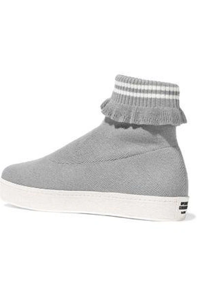 Shop Opening Ceremony Woman Ruffle-trimmed Stretch-knit Platform High-top Sneakers Gray