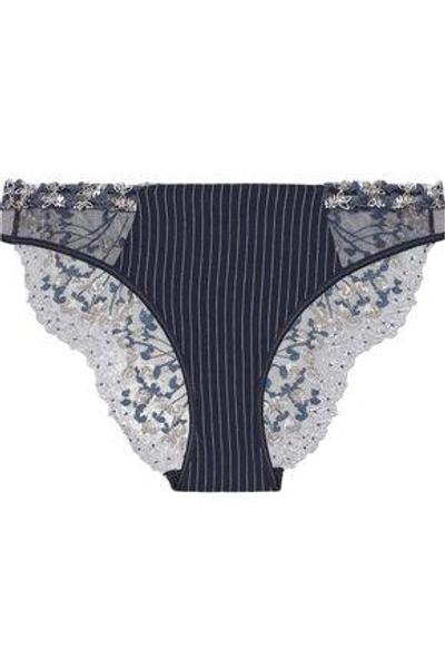 Shop La Perla Woman Embroidered Tulle And Stretch-silk Low-rise Briefs Navy