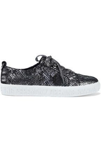 Shop Opening Ceremony Woman Metallic Snake-print Leather Sneakers Silver