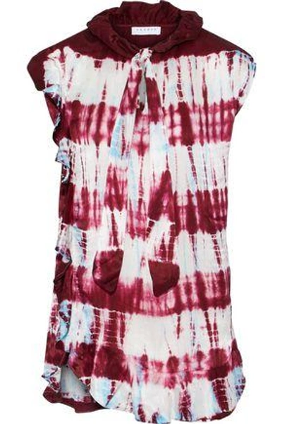 Shop Sandro Woman Pussy-bow Tie-dyed Washed-silk Top Burgundy