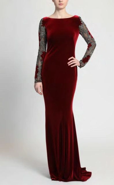 Shop Badgley Mischka Long Sleeve Ruby Red Velvet Evening Gown