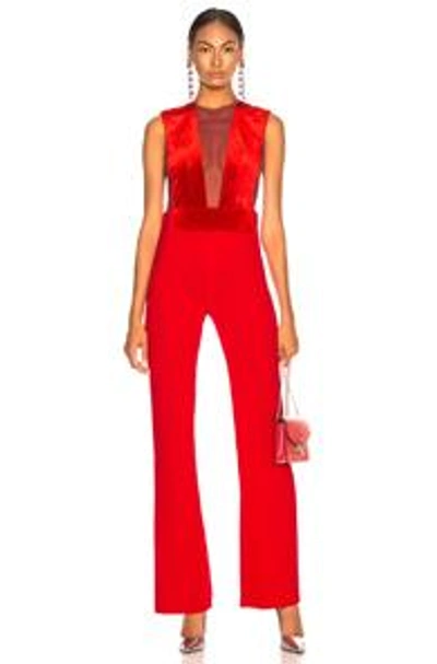 Shop Galvan Velvet Gwyneth Jumpsuit In Red