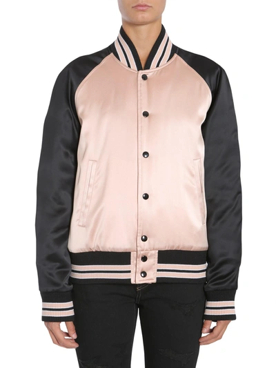 Shop Saint Laurent Varsity "teddy" Satin Jacket In Pink