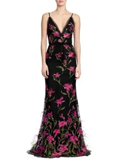 Shop Marchesa Notte Floral Embroidered Feather Trim Gown In Black