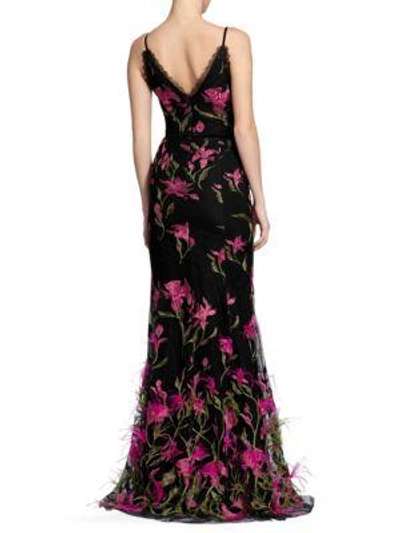 Shop Marchesa Notte Floral Embroidered Feather Trim Gown In Black
