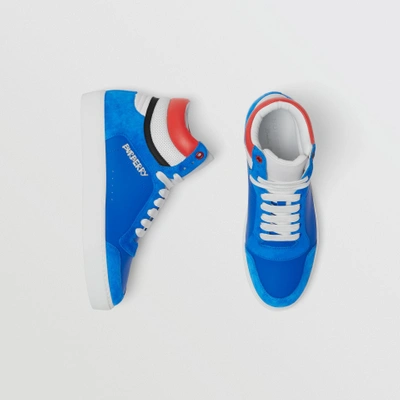 Shop Burberry Leather And Suede High-top Sneakers In Bright Sky Blue
