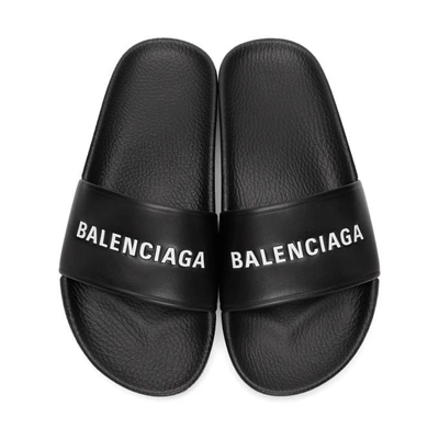 Shop Balenciaga Black Leather Pool Slides In 1006 Black/