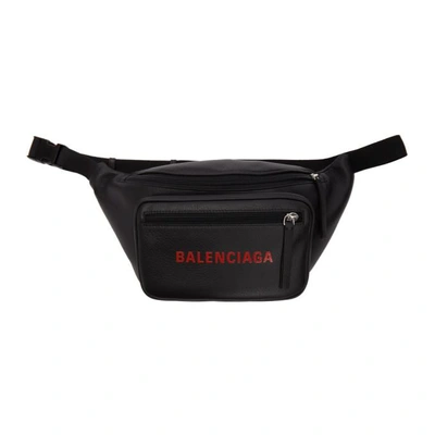 Shop Balenciaga Black Leather Logo Belt Bag In 1064blk/red
