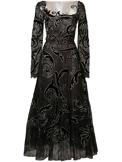Shop Oscar De La Renta Long Sleeve Embroidered Dress - Black
