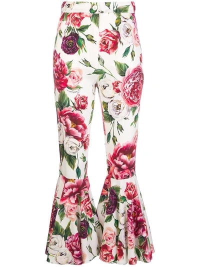 Shop Dolce & Gabbana Peony Print Flared Trousers - White