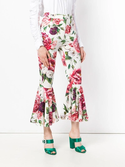 Shop Dolce & Gabbana Peony Print Flared Trousers - White