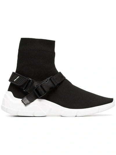 Shop Prada Stretch Fabric Hi-top Sneakers - Black