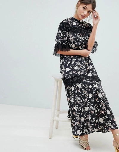 Shop Liquorish Floral Maxi Dress With Lace Trim And Open Back - Multi