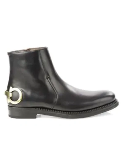 Shop Ferragamo Gancini Leather Ankle Boots In Black