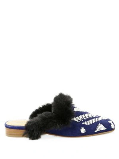 Shop Soludos Sedona Faux-fur Beaded Mules In Navy