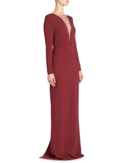Shop Stella Mccartney Long-sleeve Stretch Cadet Lace-front Gown In Bordeaux
