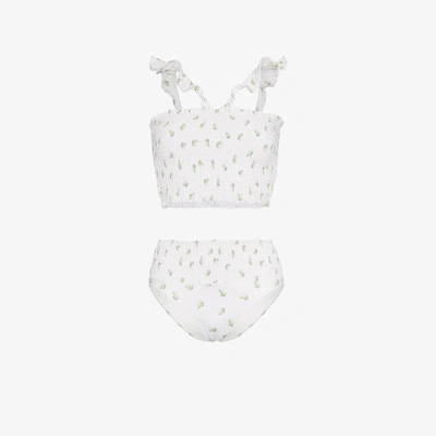 Shop Ganni Printed Ruffle Bikini Set In White