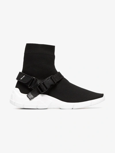 Shop Prada Stretch Fabric Hi-top Sneakers In Black