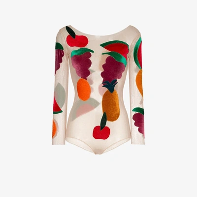 Shop Alexia Hentsch Fruit Applique Round Neck Bodysuit In Nude/neutrals