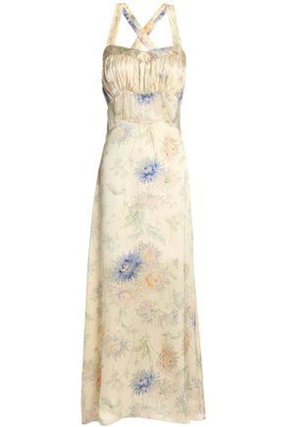 Shop Anna Sui Woman Gathered Floral-print Silk-satin Maxi Dress Cream