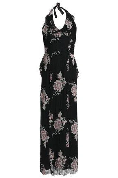 Shop Anna Sui Woman Ruffle-trimmed Embroidered Lace Halterneck Gown Black