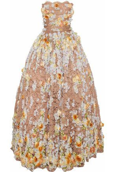 Shop Dolce & Gabbana Woman Strapless Embellished Lace Gown Blush