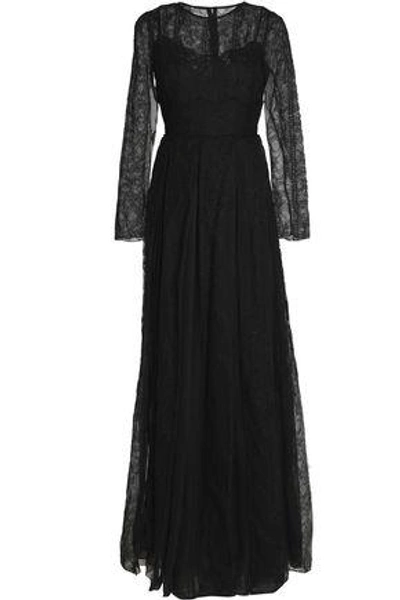 Shop Dolce & Gabbana Woman Pleated Silk-blend Gauze And Chantilly Lace Gown Black