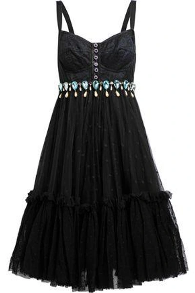 Shop Dolce & Gabbana Woman Flared Embellished Lace, Satin And Point D'esprit Dress Black