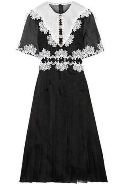 Shop Dolce & Gabbana Woman Embellished Lace-trimmed Pleated Silk-blend Organza Dress Black